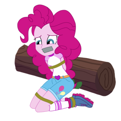 Size: 894x894 | Tagged: safe, artist:splendidbondage, imported from derpibooru, pinkie pie, human, equestria girls, legend of everfree, bondage, bound and gagged, clothes, female, gag, simple background, solo, tape, tape gag, tied up, transparent background
