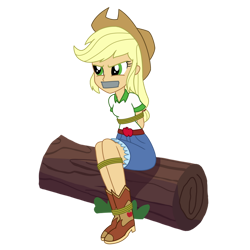 Size: 894x894 | Tagged: safe, artist:splendidbondage, imported from derpibooru, applejack, human, equestria girls, legend of everfree, applejack's hat, bondage, boots, bound and gagged, clothes, cowboy boots, cowboy hat, cowgirl, female, gag, hat, shoes, simple background, solo, stetson, tape, tape gag, tied up, transparent background
