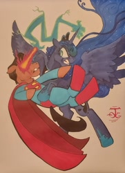 Size: 1668x2306 | Tagged: safe, imported from derpibooru, princess luna, alicorn, earth pony, pony, crossover, dc comics, female, fight, male, mare, superman, traditional art