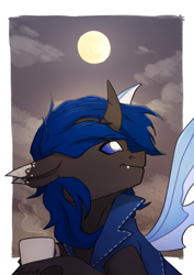 Size: 2480x3508 | Tagged: safe, artist:sinrinf, imported from derpibooru, oc, oc:bluey, changeling, blue changeling, changeling oc, commission, cup, fangs, moon, night, postcard, smiling, solo, ych result, your character here