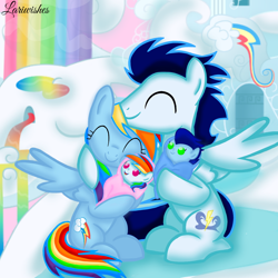 Size: 1400x1400 | Tagged: safe, artist:mlplary6, imported from derpibooru, rainbow dash, soarin', oc, oc:blue skies, oc:speedy dash, pegasus, pony, baby, baby pony, carrying, eyes closed, family, female, hug, male, mare, momma dash, newborn, offspring, parent:rainbow dash, parent:soarin', parents:soarindash, rainbow dash's house, rainbow waterfall, shipping, siblings, sitting, smiling, soarindash, stallion, straight, twins