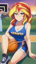 Size: 864x1536 | Tagged: safe, imported from derpibooru, sunset shimmer, human, equestria girls, ai content, ai generated, ball, basketball, breasts, busty sunset shimmer, cleavage, clothes, crouching, generator:novelai, generator:stable diffusion, humanized, looking at you, on the floor, outdoors, prompter:sammykun, shoes, shorts, sitting, smiling, sneakers, sports, sports outfit, sports shorts, sweat