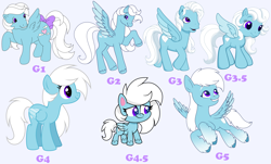 Size: 6480x3918 | Tagged: safe, artist:feather_bloom, imported from derpibooru, oc, oc only, oc:feather_bloom, pegasus, pony, my little pony: pony life, blue background, bow, g1, g2, g3, g3.5, g4, g4 to g1, g4 to g2, g4 to g3, g4 to g3.5, g4 to g4.5, g4 to g5, g4.5, g5, generation leap, simple background, solo, tail, tail bow