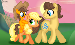 Size: 1200x720 | Tagged: safe, artist:mlplary6, imported from derpibooru, applejack, caramel, oc, oc:apple sweet, earth pony, pony, carajack, family, female, filly, foal, hat, looking at each other, looking at someone, male, mare, offspring, parent:applejack, parent:caramel, parents:carajack, ponies riding ponies, riding, shipping, smiling, smiling at each other, stallion, straight, sunset, walking