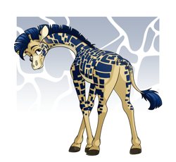 Size: 3700x3400 | Tagged: safe, artist:s7v8, imported from derpibooru, oc, oc only, oc:procerus, giraffe, bedroom eyes, blue mane, body markings, butt, cloven hooves, crossed legs, giraffe oc, long neck, looking at you, looking back, looking back at you, plot, shading, simple background, solo, white belly