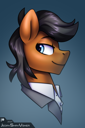 Size: 2000x3000 | Tagged: safe, artist:jedayskayvoker, imported from derpibooru, oc, oc only, oc:sherlock, pony, blue eyes, bust, clothes, gradient background, icon, looking back, male, patreon, patreon reward, portrait, shirt, smiling, solo, stallion, suit