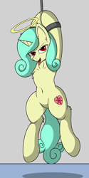 Size: 1500x3000 | Tagged: safe, alternate version, artist:lone wolf, imported from derpibooru, oc, oc only, oc:seven sister, hybrid, pony, unicorn, armpits, bedroom eyes, belly, belly button, bondage, chest fluff, featureless crotch, female, hanging, happy, happy bondage, hoof fluff, horn, looking at you, mare, rope, sexy, solo, suspended, suspension bondage, unicorn oc