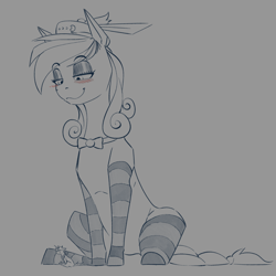 Size: 1400x1400 | Tagged: safe, artist:stray prey, imported from derpibooru, oc, oc only, oc:lucent, oc:pryeblue, earth pony, pony, unicorn, bandana, bedroom eyes, bowtie, clothes, eyeshadow, female, grayscale, hat, horn, makeup, male, mare, micro, monochrome, sitting, size difference, socks, stallion, striped socks