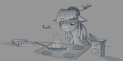 Size: 2000x1000 | Tagged: safe, artist:stray prey, imported from derpibooru, oc, oc only, oc:jasmine threads, dracony, dragon, hybrid, pony, cooking, egg, egg (food), female, fire, food, frying pan, grayscale, monochrome, solo, stove, swearing, vulgar, wings