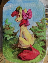 Size: 810x1080 | Tagged: safe, artist:charlot, imported from derpibooru, apple bloom, earth pony, pony, apple, apple family member, female, filly, foal, food, oil, oil painting, outdoors, sitting, solo, traditional art, tree