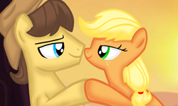 Size: 1200x720 | Tagged: safe, artist:mlplary6, imported from derpibooru, applejack, caramel, earth pony, pony, carajack, female, hat, holding hooves, looking at each other, looking at someone, male, mare, romantic, shipping, smiling, smiling at each other, stallion, straight, sunset