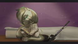 Size: 4886x2815 | Tagged: safe, artist:anriemper, imported from derpibooru, oc, oc only, earth pony, hybrid, pony, zebra, zony, bed, book, bookmark, camouflage, colored eyelashes, detailed background, ear piercing, eyes closed, gun, long mane, piercing, pillow, rifle, scar, scope, sitting, sniper rifle, solo, suppressor, weapon, writing