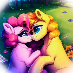 Size: 1280x1280 | Tagged: safe, imported from derpibooru, pinkie pie, oc, earth pony, pony, ai content, ai generated, chest fluff, cuddling, cute, duo, duo female, ear fluff, female, flower, generator:novelai, generator:stable diffusion, grass, happy, lesbian, lidded eyes, looking at each other, looking at someone, lying down, mare, on side, outdoors, prompter:endless--, romantic, smiling, smiling at each other