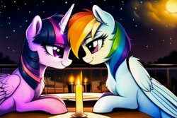 Size: 1728x1152 | Tagged: safe, imported from derpibooru, rainbow dash, twilight sparkle, alicorn, pegasus, pony, ai content, ai generated, candle, cute, duo, duo female, female, folded wings, generator:novelai, generator:stable diffusion, happy, horn, lesbian, lidded eyes, looking at each other, looking at someone, mare, night, prompter:endless--, romantic, shipping, sitting, smiling, smiling at each other, table, twidash, twilight sparkle (alicorn), wings