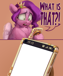 Size: 2500x3030 | Tagged: safe, artist:jewellier, derpibooru exclusive, imported from derpibooru, pipp petals, pegasus, pony, cellphone, chest fluff, female, g5, hoof hold, mare, meme, meme template, phone, pinpoint eyes, pipp petals is not amused, reaction image, shocked, shocked expression, shocked pipp meme, solo, speech, talking, template, text, unamused