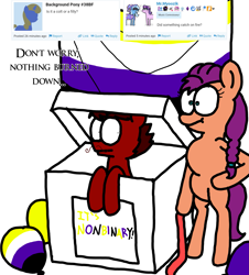 Size: 3023x3351 | Tagged: safe, artist:professorventurer, imported from derpibooru, starlight glimmer, sunny starscout, trixie, oc, oc:enrique, earth pony, pony, unicorn, series:ask pippamena, :t, :|, balloon, banner, bipedal, box, braid, braided ponytail, confused, facial hair, g5, gender reveal party, implied lesbian, implied shipping, implied sunnypipp, moustache, nonbinary pride flag, ponytail, pride, pride flag, ribbon