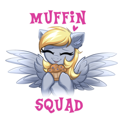 Size: 4000x4000 | Tagged: safe, artist:confetticakez, imported from derpibooru, derpy hooves, pegasus, pony, cute, derpabetes, eyes closed, female, food, heart, mare, muffin, open mouth, redraw, simple background, solo, spread wings, text, that pony sure does love muffins, white background, wings