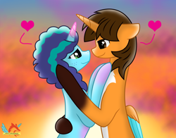 Size: 4500x3530 | Tagged: safe, artist:ejlightning007arts, imported from derpibooru, oc, oc:ej, alicorn, pony, unicorn, base used, canon x oc, coat markings, ejmisty, embrace, freckles, g5, heart, heart eyes, love, loving gaze, misty brightdawn, my little pony: make your mark, pink cloud, romance, romantic, shipping, smiling, socks (coat markings), sunset, wingding eyes