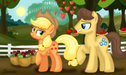 Size: 1200x720 | Tagged: safe, artist:mlplary6, imported from derpibooru, applejack, caramel, earth pony, pony, carajack, female, flower, heart, looking at each other, looking at someone, male, mare, rose, shipping, smiling, smiling at each other, stallion, straight