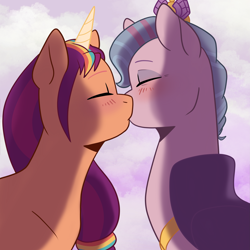 Size: 2919x2919 | Tagged: safe, artist:daisy_marshmallow, imported from derpibooru, queen haven, sunny starscout, alicorn, pegasus, pony, blushing, crack shipping, duo, duo female, eyes closed, female, g5, horn, kissing, lesbian, magic, magic horn, shipping, simple shading, sunnyhaven