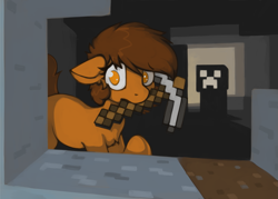 Size: 1959x1403 | Tagged: safe, artist:marsminer, imported from derpibooru, oc, oc only, oc:venus spring, earth pony, pony, aww man, creeper, female, looking at you, mare, minecraft, mouth hold, pickaxe, venus spring having a bad time
