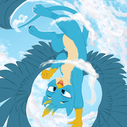 Size: 2000x2000 | Tagged: safe, artist:thieftea, imported from derpibooru, gallus, griffon, cloud, looking at you, paws, smiling, solo, spread wings, wings