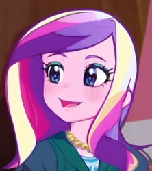 Size: 512x576 | Tagged: safe, edit, edited screencap, editor:luckreza8, imported from derpibooru, screencap, princess cadance, human, equestria girls, friendship games, :d, ai content, ai generated, anime, dean cadance, female, generator:pinegraph, open mouth, open smile, smiling, solo