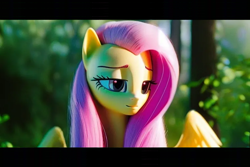 Size: 768x512 | Tagged: safe, imported from derpibooru, fluttershy, pegasus, pony, ai content, ai generated, blurry background, detailed hair, eyes closed, forest, forest background, green eyes, movie, pink hair, pink mane, realistic, sad, smiling, solo, tree