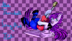 Size: 1280x720 | Tagged: safe, artist:deadsmoke, derpibooru exclusive, imported from derpibooru, oc, pegasus, cubes, electro guitar, guitar, musical instrument, piercing, purple, rock, solo