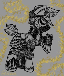 Size: 496x589 | Tagged: safe, imported from derpibooru, oc, earth pony, pony, armor, armored pony, chainmail, crosshatch, helmet, monochrome, ponytail, saddle, scales, solo, tack, unshorn fetlocks