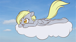 Size: 1366x768 | Tagged: artist needed, source needed, safe, imported from derpibooru, derpy hooves, pegasus, pony, 2d, butt, cloud, daytime, female, folded wings, g4, gray skin, looking left, lying down, lying on a cloud, mare, on a cloud, plot, sky, smiling, solo, tongue out, wings, yellow eyes, yellow mane