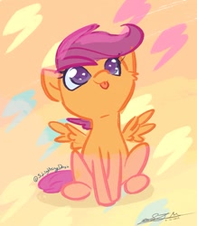 Size: 1049x1205 | Tagged: safe, artist:slightningdash, imported from derpibooru, scootaloo, pegasus, pony, :p, colored pupils, cute, cutealoo, female, filly, gradient background, looking up, sitting, smiling, solo, spread wings, tongue out, wings