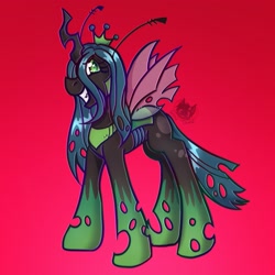 Size: 2048x2048 | Tagged: safe, artist:ghost_towne_, imported from derpibooru, queen chrysalis, changeling, changeling queen, crown, eyebrows, eyebrows visible through hair, female, gradient background, grin, high res, insect wings, jewelry, looking at you, regalia, signature, smiling, smiling at you, solo, spread wings, wings