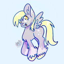 Size: 2048x2048 | Tagged: safe, artist:ghost_towne_, imported from derpibooru, derpy hooves, pegasus, pony, blue background, eye clipping through hair, female, open mouth, open smile, simple background, smiling, solo, spread wings, winged hooves, wings