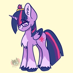 Size: 2048x2048 | Tagged: safe, artist:ghost_towne_, imported from derpibooru, twilight sparkle, alicorn, pony, chest fluff, colored wings, colored wingtips, crown, ear fluff, eye clipping through hair, female, glasses, jewelry, regalia, simple background, solo, twilight sparkle (alicorn), unshorn fetlocks, wings, yellow background