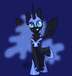 Size: 1951x2048 | Tagged: safe, artist:ghost_towne_, imported from derpibooru, nightmare moon, alicorn, pony, blue background, female, grin, helmet, hoof shoes, horn, looking at you, mare, peytral, raised hoof, signature, simple background, smiling, smiling at you, solo, spread wings, wings