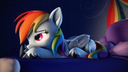 Size: 3840x2160 | Tagged: safe, artist:psfmer, imported from derpibooru, rainbow dash, pegasus, pony, 3d, 4k, bed, bored, eyebrows, female, folded wings, high res, lying down, mare, prone, solo, source filmmaker, unshorn fetlocks, wings