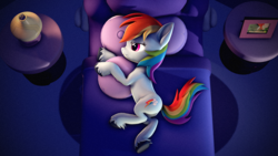 Size: 3840x2160 | Tagged: safe, artist:psfmer, imported from derpibooru, rainbow dash, pegasus, pony, 3d, bed, female, high res, hug, lying down, mare, pillow, pillow hug, solo, source filmmaker, unshorn fetlocks, wingless