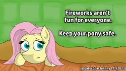 Size: 1920x1080 | Tagged: safe, artist:gatorgoatjohnny, imported from derpibooru, fluttershy, pegasus, pony, bed, female, fireworks, hiding, solo, under the bed