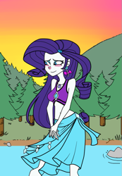 Size: 553x800 | Tagged: safe, artist:ignoto_delta, imported from derpibooru, rarity, human, equestria girls, equestria girls series, lost and found, belly button, bikini, clothes, female, forest, lake, midriff, rarity's beach shorts swimsuit, rarity's blue sarong, rarity's purple bikini, sarong, solo, swimsuit, water