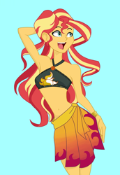 Size: 920x1340 | Tagged: safe, artist:ignoto_delta, imported from derpibooru, sunset shimmer, human, equestria girls, bare shoulders, belly button, blue background, clothes, female, sarong, simple background, sleeveless, solo, swimsuit
