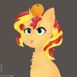 Size: 2072x2072 | Tagged: safe, alternate version, artist:cola_3107, imported from derpibooru, sunset shimmer, pony, unicorn, chest fluff, female, food, gray background, orange, simple background, solo, tongue out