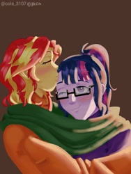 Size: 1536x2048 | Tagged: safe, alternate version, artist:cola_3107, imported from derpibooru, sci-twi, sunset shimmer, twilight sparkle, human, equestria girls, brown background, duo, female, kissing, lesbian, scitwishimmer, shipping, simple background, sunsetsparkle