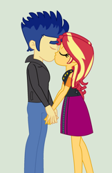 Size: 1089x1681 | Tagged: safe, artist:brightstar40k, imported from derpibooru, flash sentry, sunset shimmer, human, equestria girls, duo, eyes closed, female, flashimmer, green background, kiss on the lips, kissing, male, shipping, simple background, straight