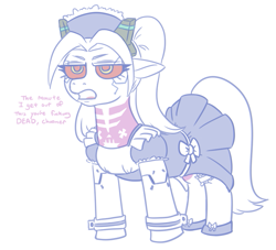 Size: 811x738 | Tagged: safe, artist:jargon scott, imported from derpibooru, cyborg, earth pony, pony, clothes, commission, cyberpunk: edgerunners, dialogue, eyes closed, female, lidded eyes, maid, mare, partial color, ponified, rebecca (cyberpunk: edgerunners), simple background, solo, unamused, white background
