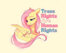 Size: 4096x3290 | Tagged: safe, artist:imalou, imported from derpibooru, fluttershy, pegasus, pony, cute, eyebrows, female, folded wings, high res, lidded eyes, lying down, mare, ponyloaf, pride, pride flag, prone, shyabetes, simple background, sitting, smiling, text, transgender pride flag, wings, yellow background