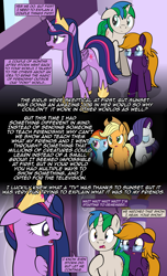 Size: 1920x3168 | Tagged: safe, artist:alexdti, imported from derpibooru, applejack, rainbow dash, rarity, twilight sparkle, oc, oc:purple creativity, oc:star logic, alicorn, earth pony, pegasus, pony, unicorn, comic:quest for friendship, the last problem, comic, crown, dialogue, ears back, eyebrows, eyes closed, female, folded wings, glasses, high res, hoof on chest, hooves, horn, jewelry, male, mare, older, older twilight, open mouth, pegasus oc, princess twilight 2.0, raised eyebrow, regalia, speech bubble, stallion, standing, twilight sparkle (alicorn), two toned mane, unicorn oc, wings
