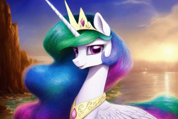 Size: 1920x1280 | Tagged: safe, derpibooru exclusive, editor:dovakkins, imported from derpibooru, princess celestia, alicorn, pony, ai content, ai generated, cliff, female, generator:stable diffusion, jewelry, looking at you, mare, peytral, scenery, scenery porn, smiling, smiling at you, solo, sparkly mane, sparkly tail, tail