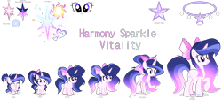 Size: 4096x1859 | Tagged: safe, artist:harmonyvitality-yt, imported from derpibooru, oc, oc only, pony, unicorn, age progression, bio in description, bow, ethereal mane, female, filly, foal, hair bow, horn, mare, older, simple background, solo, starry mane, transparent background, unicorn oc