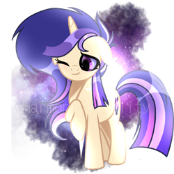 Size: 2048x2048 | Tagged: safe, artist:harmonyvitality-yt, imported from derpibooru, oc, oc only, pony, unicorn, base used, female, horn, mare, one eye closed, simple background, smiling, spread wings, transparent background, unicorn oc, wings, wink